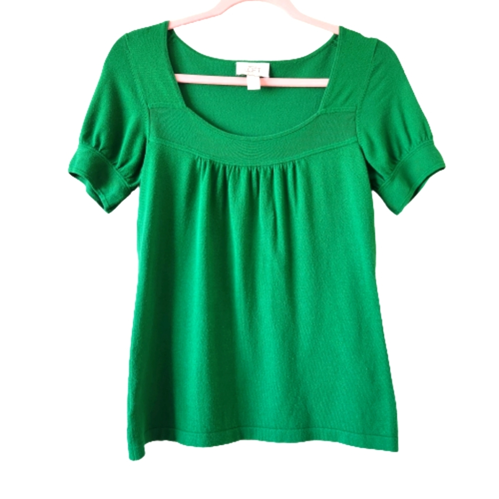 ANN TAYLOR Kelly Green Short Sleeve Pullover Pintuck Top Small #0354